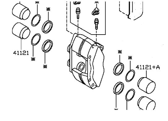 41011-AA300 Bremsecaliper foran venstre original for Nissan oppstilt mot hvit bakgrunn